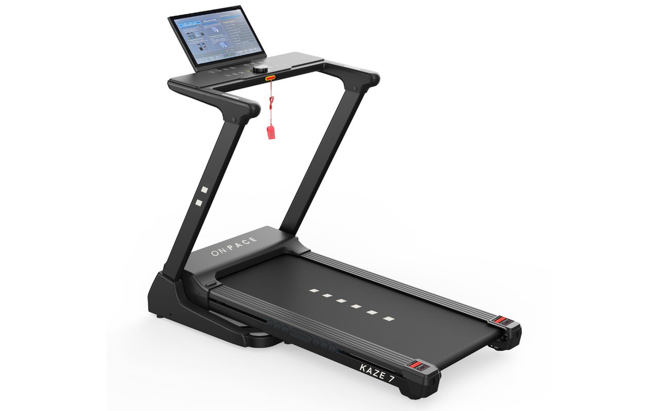ON:PACE KAZE 7 treadmill, front three-quarter view, unfolded with the console raised.