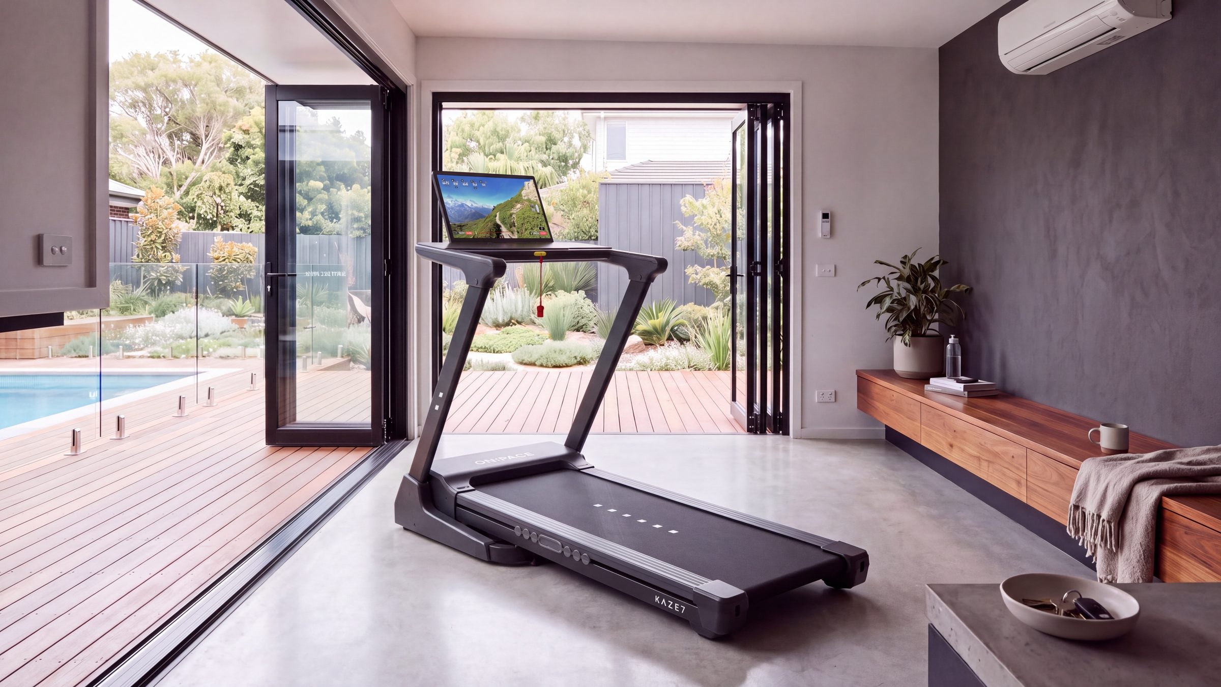 The ON:PACE KAZE 7 in a room that opens onto a pool
