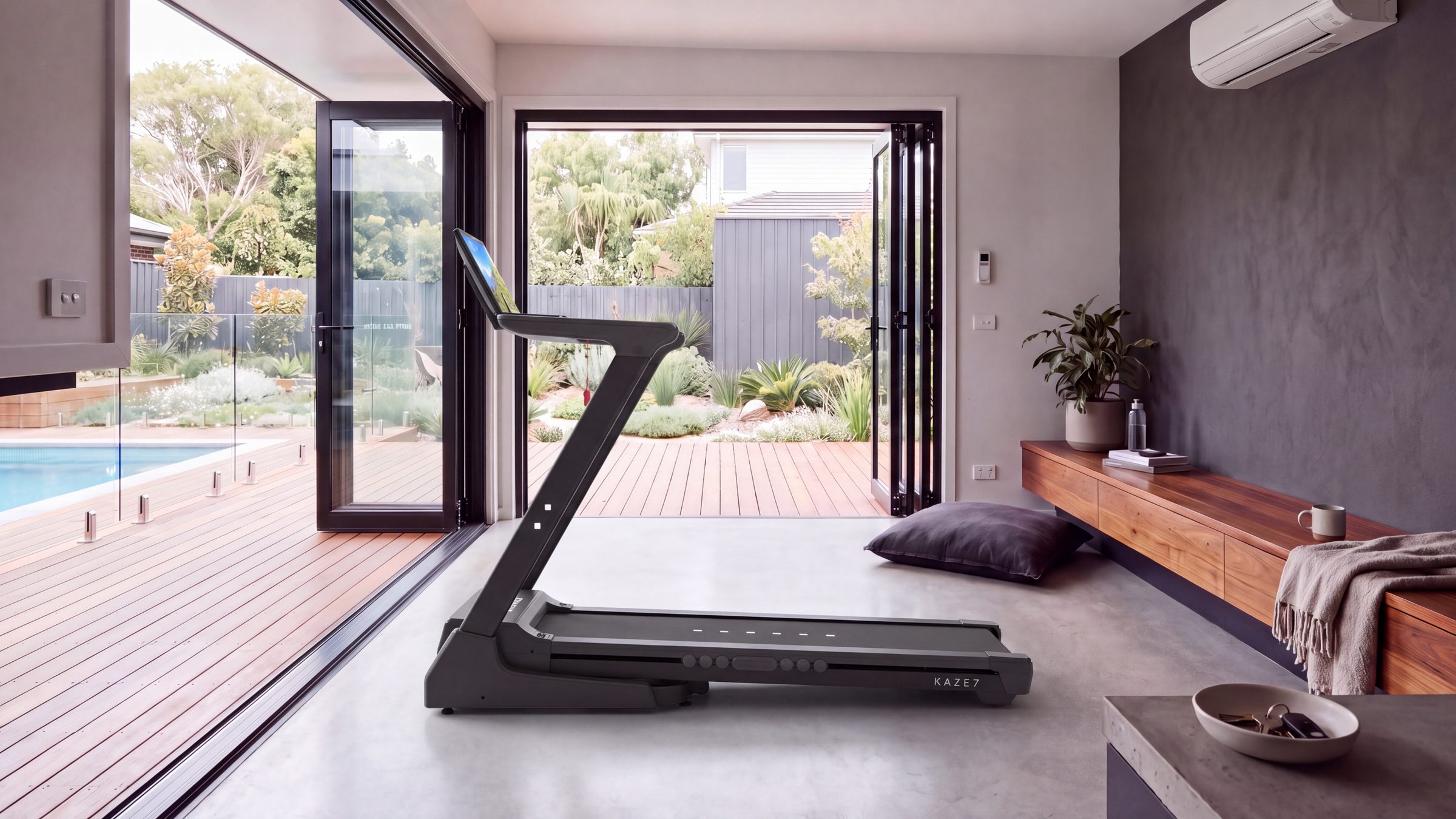 The ON:PACE KAZE 7 by folding glass doors and a pool