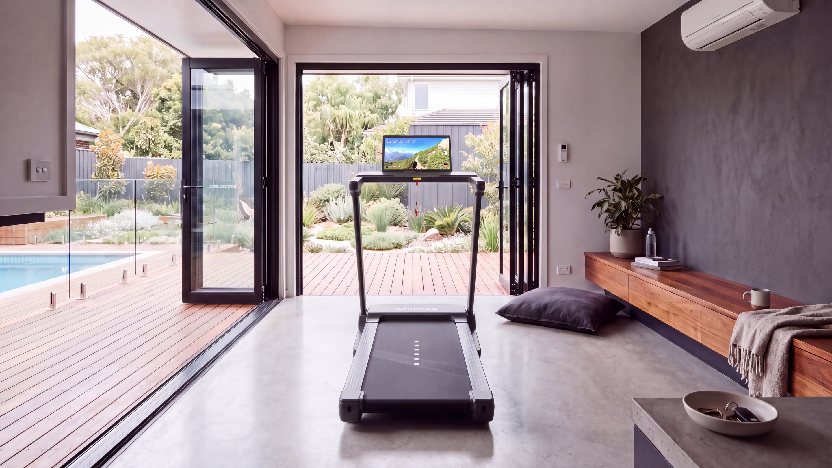 ON:PACE KAZE 7 in a room that opens onto a garden and pool